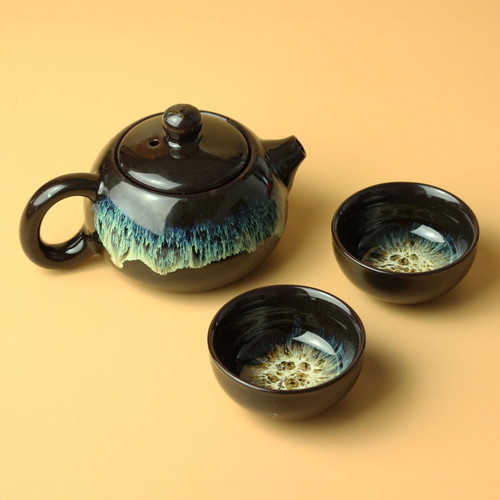 Ceramic dark brown teapot set with 2 small cups, new