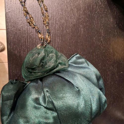 Satin evening bag in cypress color with beads like new
