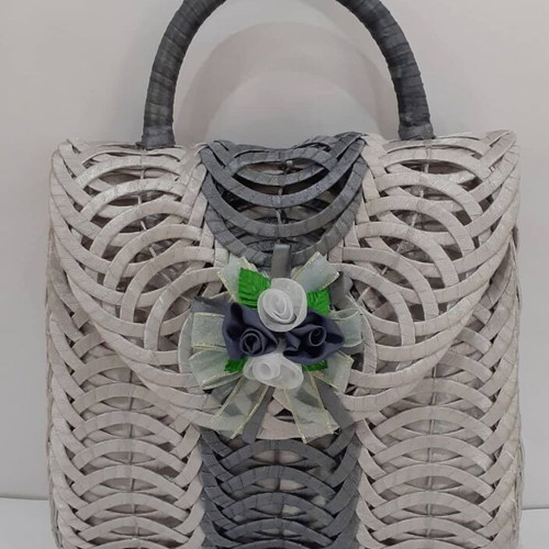 Elegant Handmade Shoulder Bag Gray with Plastic Glass Lid