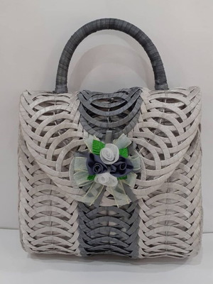 Elegant Handmade Shoulder Bag Gray with Plastic Glass Lid