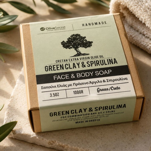 OliveSecret handmade face soap with green clay and spirulina