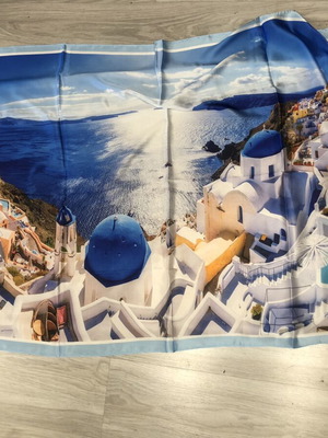 Scarf with Greek Island Print new, silk-like