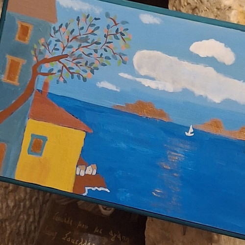 Handmade decorative wooden plaque with Aegean sea painting
