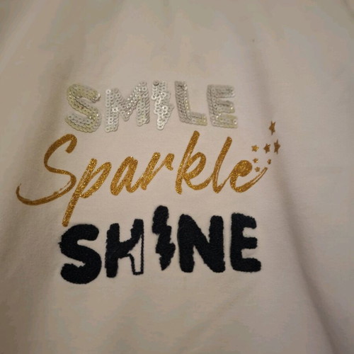 Le Trone Noir girls' white sweatshirt with sequins, blue and gold trim, like new