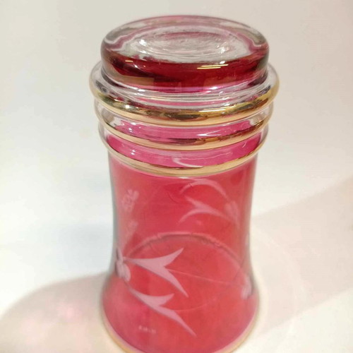 Old glasses set of six red with carved designs and gold finishes