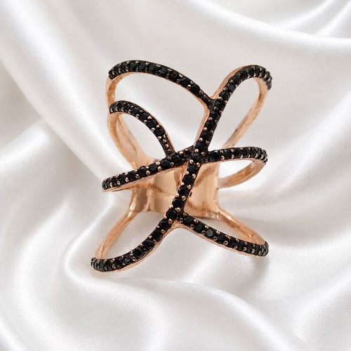 Handmade rose gold plated silver ring with black zirconia, size 57
