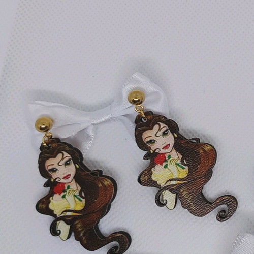 Wooden earrings 5 cm Beauty and the Beast with stainless steel clasp new