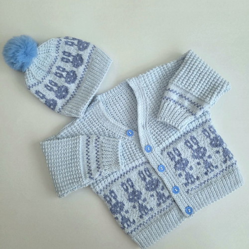 Handmade knitted baby set jacket and hat with bunny design, new