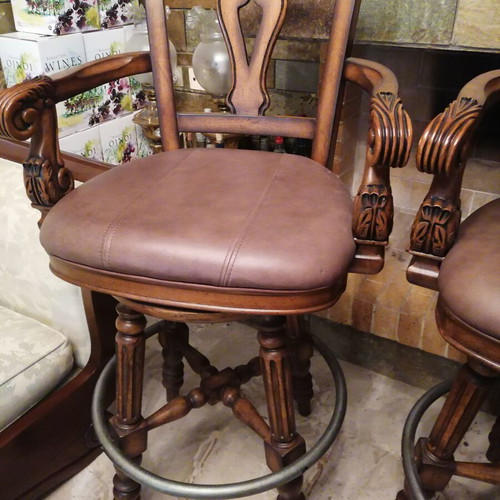 Kourtis two wooden swivel bar stools, handcrafted, leather upholstery, neoclassical