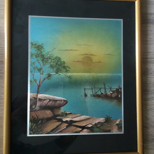 Sunset sea painting used with gold frame and glass