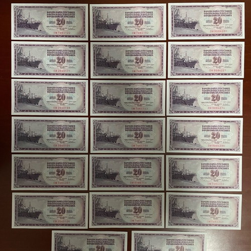 Yugoslavia 20 Dinar Banknotes 1974 unc, lot of 20 pieces