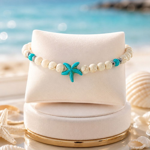 Handmade anklet bracelet with semi-precious stones turquoise hematite and chaoite