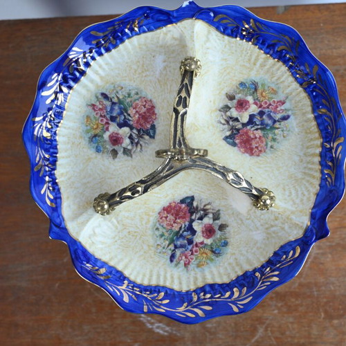 Vintage porcelain raised platter used, 27 cm diameter with brass details