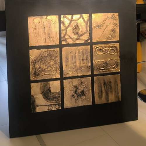 Handmade Embossed Wall Art 100x100 cm, Black & Gold Bronze