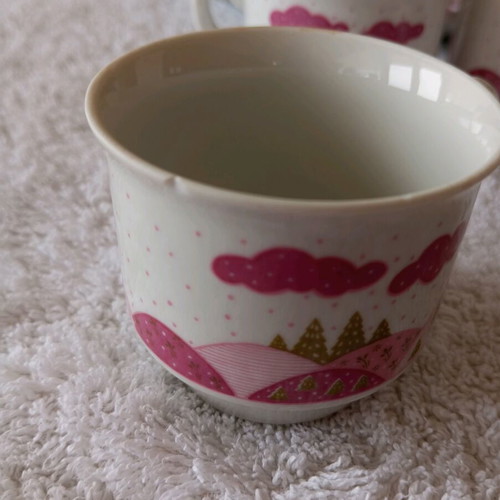 Greek coffee cups used, porcelain set of 5 with saucers