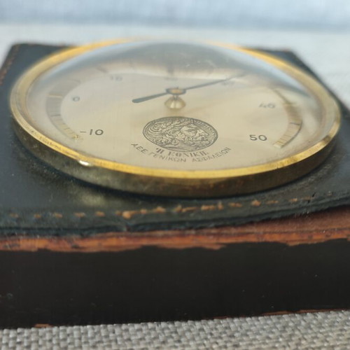 Vintage Ethniki Thermometer used, wooden base with leather