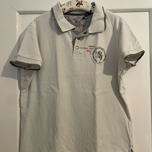 Singly Armywear vintage polo shirt S used, off white with khaki trim