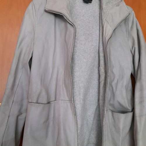 Zara leather jacket with fleece lining and hood used, gray
