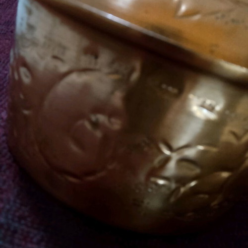 Copper decorative vessel with lid like new, embossed design