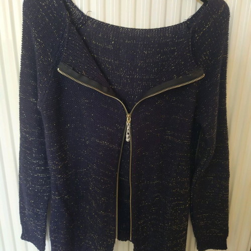 Knitted sweater with zipper like new, dark blue with gold thread