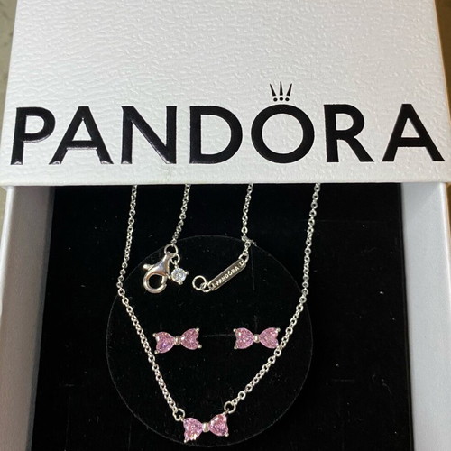 Pandora silver necklace and earrings set with pink bow new