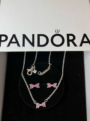 Pandora silver necklace and earrings set with pink bow new