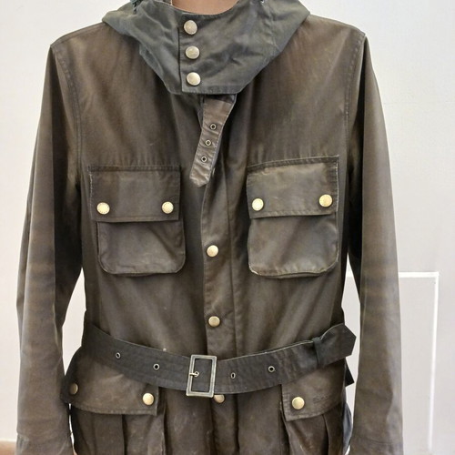 Barbour jacket used, large size, green with removable hood and waist belt