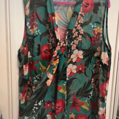 Boxnow women's printed sleeveless semi-transparent blouse with front buttons and tie, green multicolor