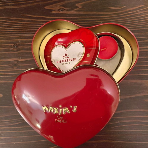 Maxim's and Niederegger used metal heart-shaped tins