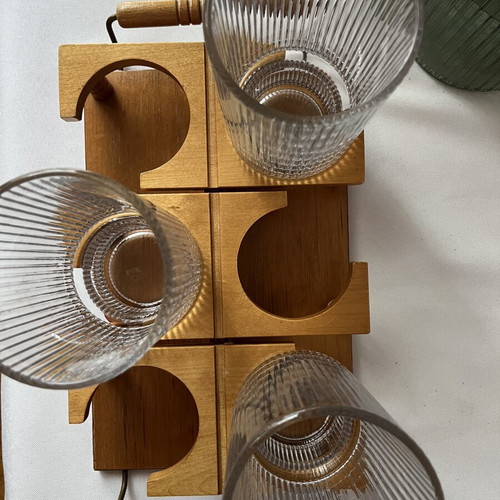 Vintage wooden tray with 6 circular slots, Mid-Century Modern style