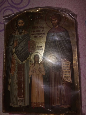 Χριστιανική εικόνα καινούργια με τους Αγίους Ραφαήλ, Νικόλαο και Ειρήνη