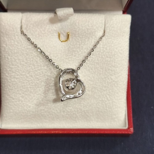 14K White Gold Heart Pendant with Diamonds and Japanese Akoya Pearl, 40 cm chain