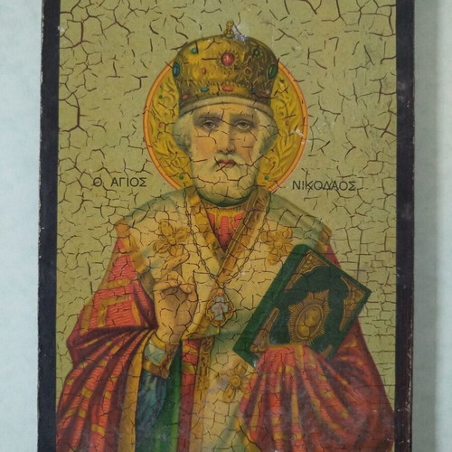 Wooden Saint Nicholas Icon used, vintage style with crackle effect