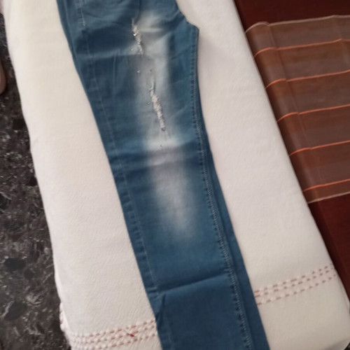 Girls' jeans with rhinestone details, slim fit, blue
