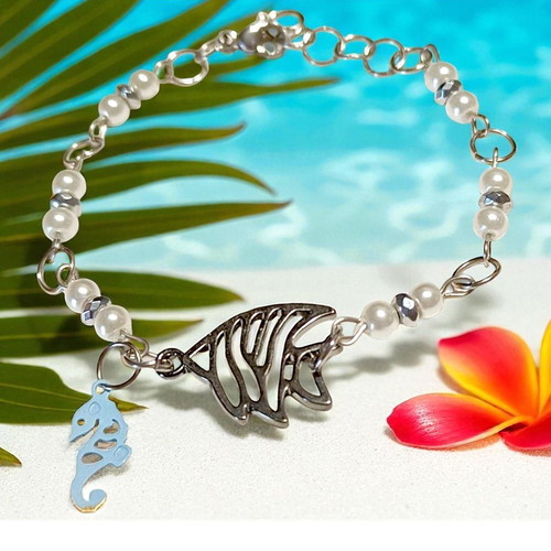 Handmade rosary bracelet with white pearls, hematite and steel elements
