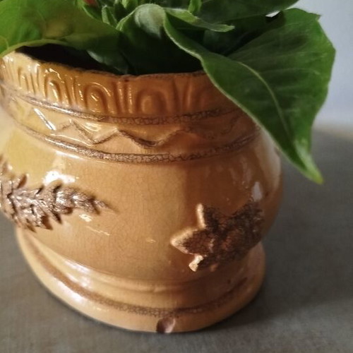 Mid-Century Art Pottery Planter vintage, yellow ware, crackle texture