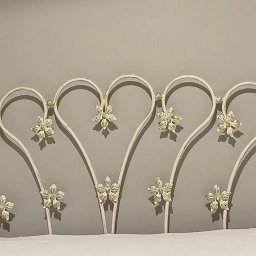 Handmade solid iron bed set with curtain rod and wall mount for mosquito net like new, beige gold patina