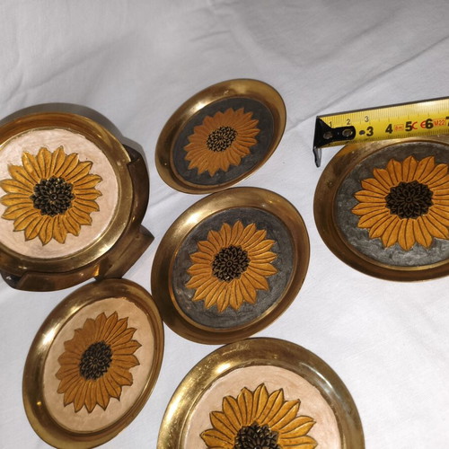 Set of 6 New Brass Coasters with Sunflower Design and Holder