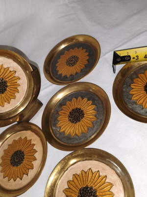Set of 6 New Brass Coasters with Sunflower Design and Holder