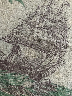 Beach towel used, olive color with ship design, 116 x 71 cm, cotton