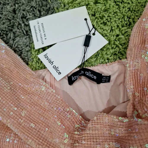 Lavish Alice sequin peach bardot midi dress new size L