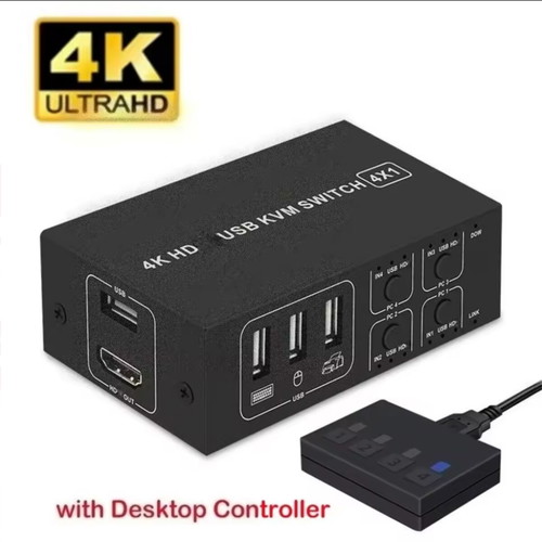 KVM switch for up to 4 PCs with monitor, keyboard, and mouse
