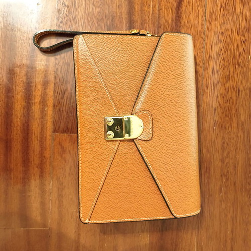 Vintage Lancel leather clutch bag new, beige caramel color
