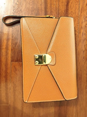 Vintage Lancel leather clutch bag new, beige caramel color
