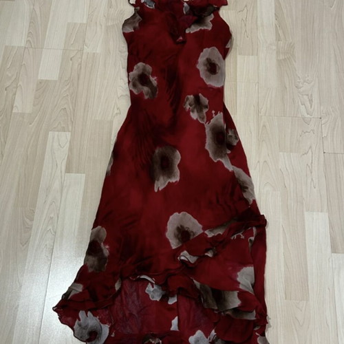 Vintage red asymmetric dress with ruffles and floral pattern, Evgenidis Bros, size 2
