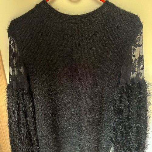 Knitted blouse like new with metallic thread and lace sleeves black
