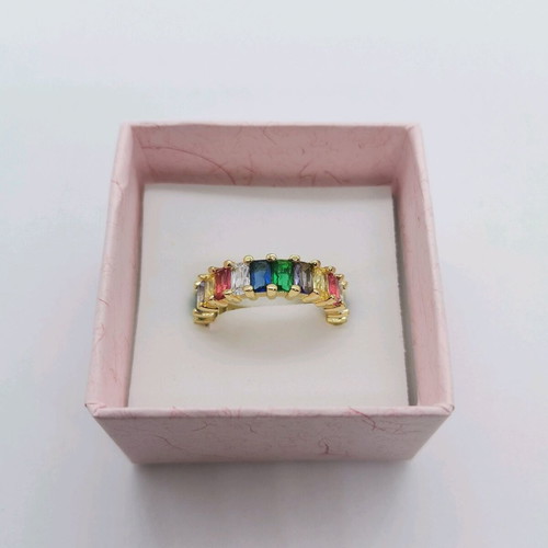 Gold-plated ring with multicolored baguette stones, new, size 8