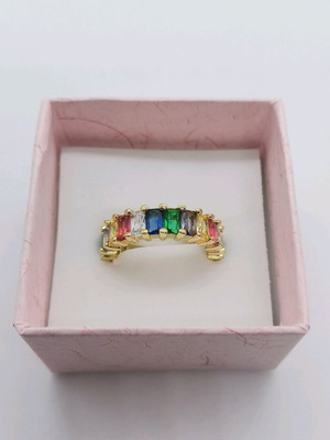 Gold-plated ring with multicolored baguette stones, new, size 8