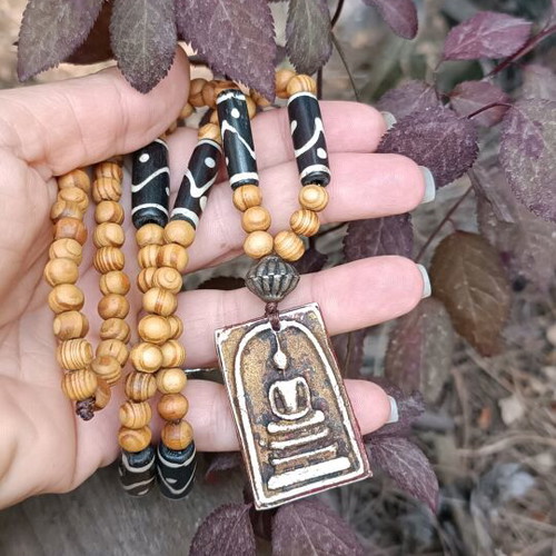 Handmade pendant with wooden beads and Buddha element, new