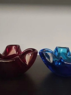 Vintage Murano ashtray set like new, blue and ruby colors